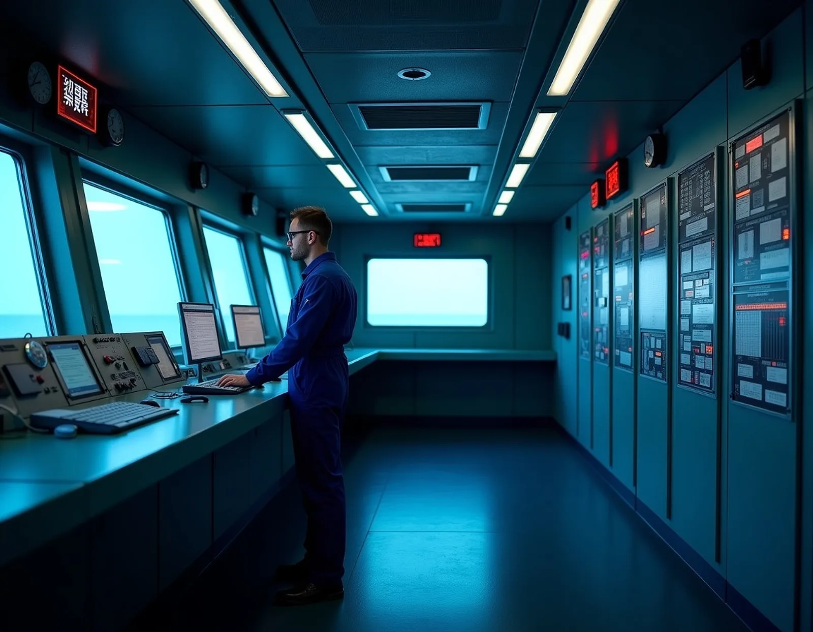 Engineer at a console in an engine control room lined with alarm and monitoring panels