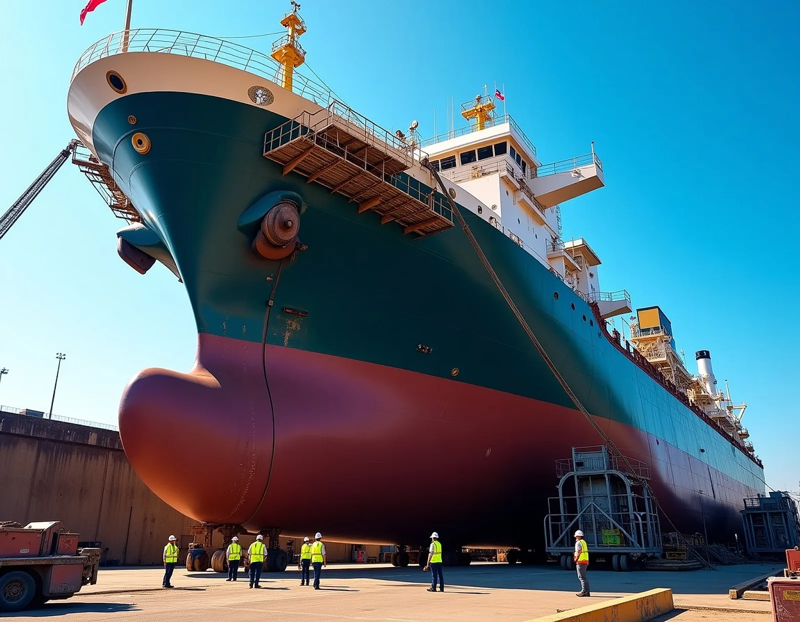 Large ship in dry dock with scaffolding along the hull and workers in hi-vis vests below