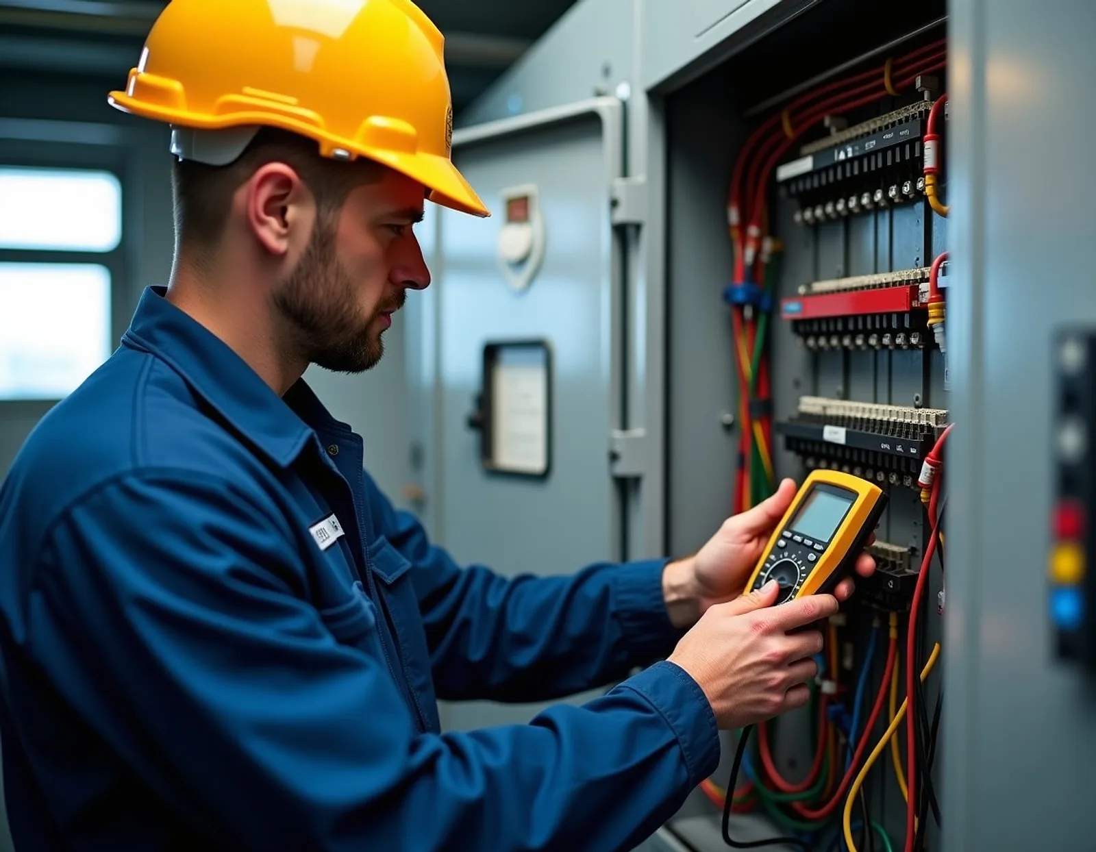 Marine electrician with a multimeter working at an open switchboard with colour-coded wiring