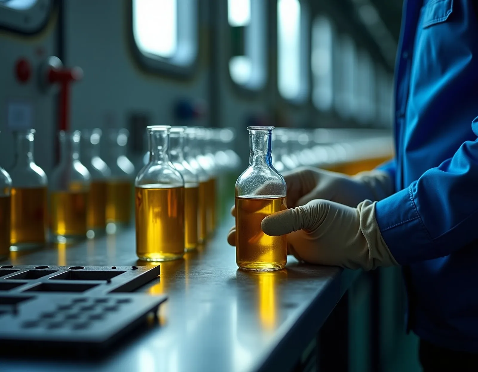 Rows of glass fuel oil sample bottles on a steel bench with a gloved hand lifting one to the light