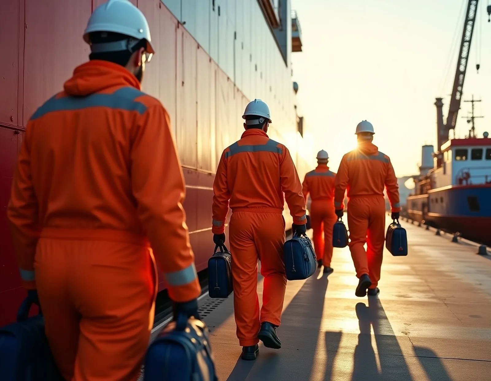 Technicians in orange coveralls and white helmets carrying tool bags along a quay beside a ship hull