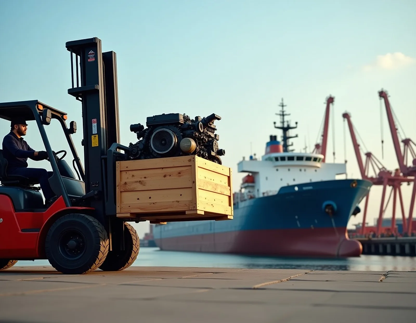 Forklift carrying a wooden crate of engine spares on a port quay with a ship and cranes behind