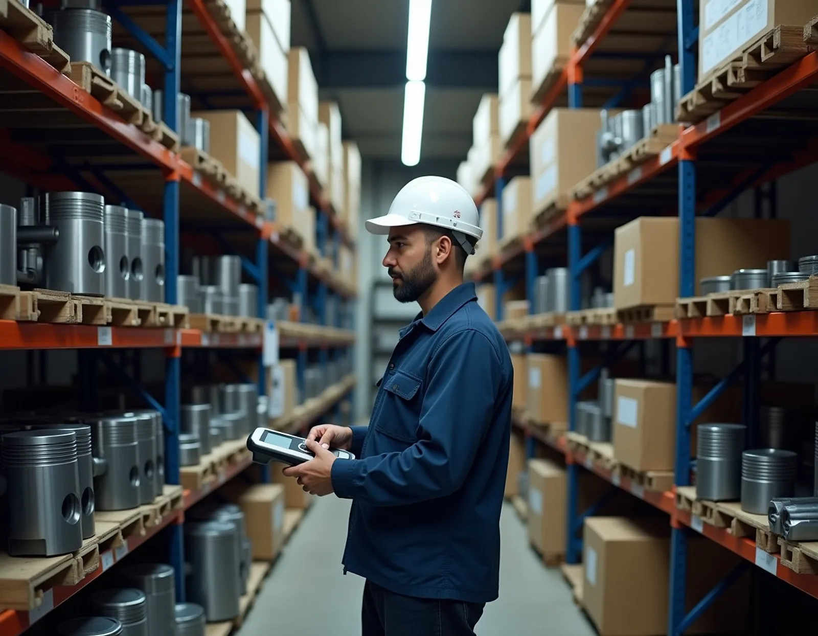 Storekeeper with a handheld scanner in an aisle of tall shelves stocked with engine pistons and parts
