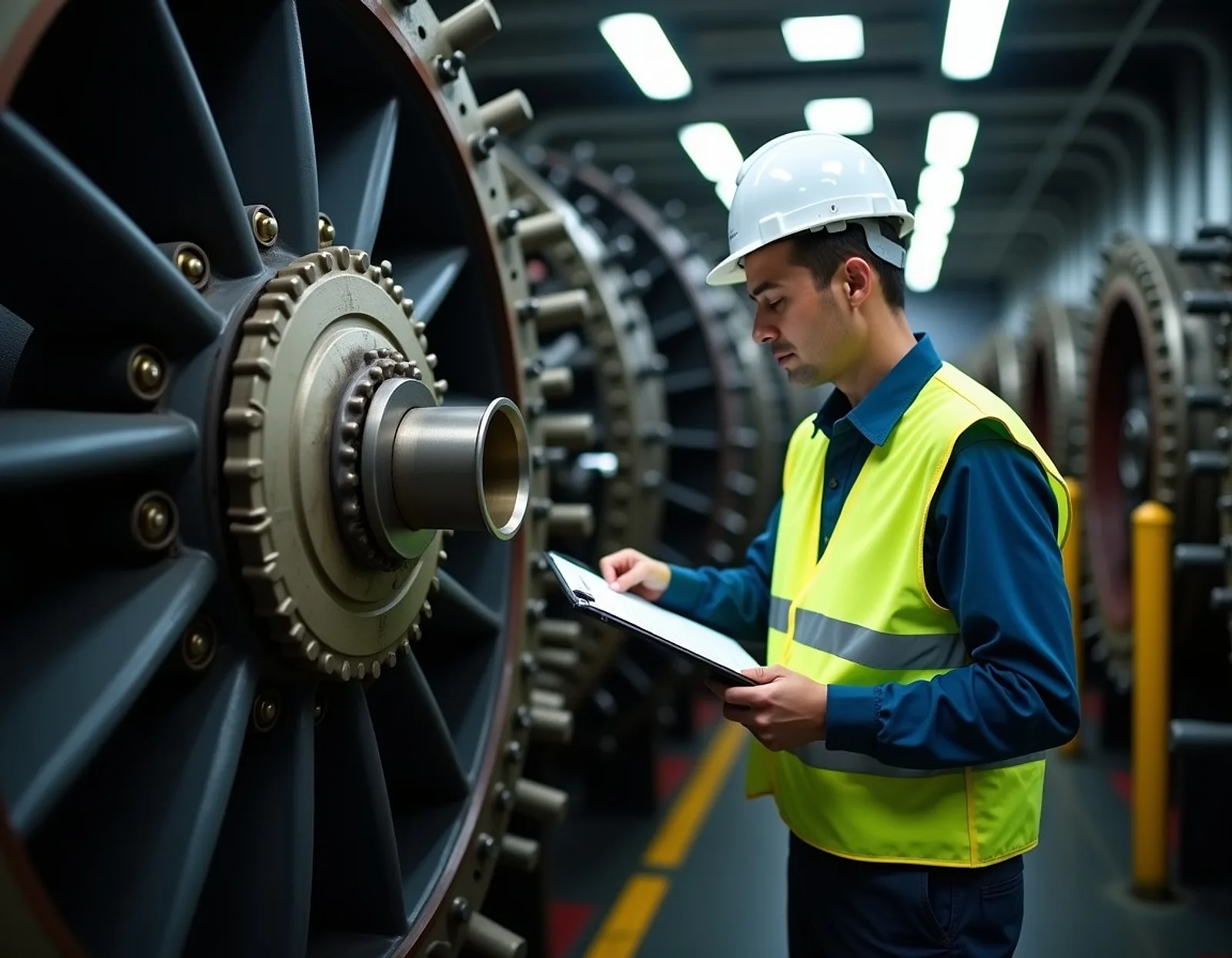 Marine superintendent in a white helmet and hi-vis vest inspecting a large engine component with a clipboard
