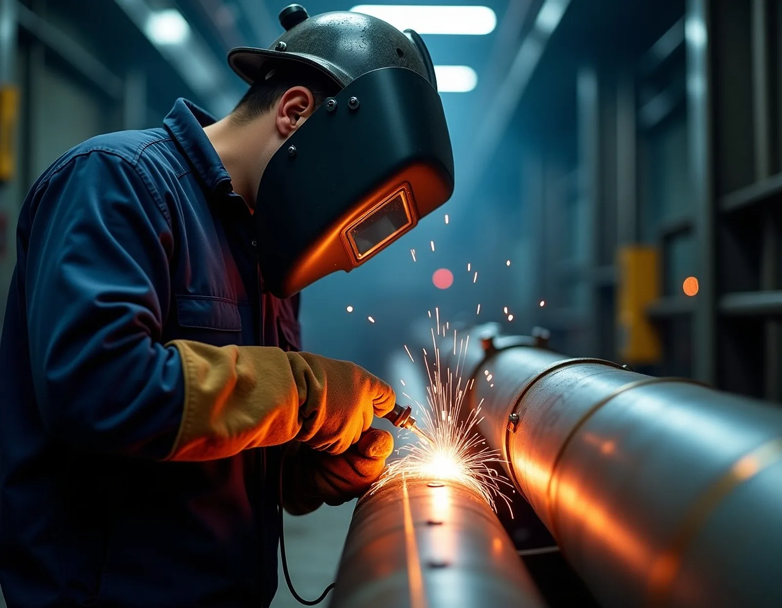 Welder in a protective helmet and leather gloves welding a steel pipe joint with bright sparks